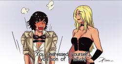 Rule 34 | 2girls, black hair, blonde hair, bush, devil may cry (series), devil may cry 5, goggles, goggles around neck, green eyes, grey background, hand on own hip, heterochromia, jacket, jumpoon, lady (devil may cry), long hair, midriff, multiple girls, red eyes, shirt, signature, simple background, subtitled, trish (devil may cry), white jacket, white shirt