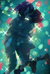 1boy 1girl amate_yuzuriha aqua_shirt aqua_skirt ariamikukanzaki artist_name blue_hair blush closed_eyes commentary couple english_commentary gundam gundam_gquuuuuux hetero holding hug kiss long_sleeves multicolored_hair pants purple_hair red_hair scene_reference school_uniform shirt short_hair shuji_ito skirt spoilers sweater tank_top tears twitter_username two-tone_hair white_shirt zeknova