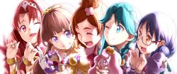5girls akagi_towa amanogawa_kirara aroma_(go!_princess_precure) blue_eyes blue_hair bracelet braid brown_hair closed_eyes glasses gloves go!_princess_precure grin haruno_haruka highres jewelry kaidou_minami long_hair multiple_girls nanase_yui one_eye_closed open_mouth precure puff_(go!_princess_precure) purple_eyes red_eyes red_hair smile twin_braids yuuzii