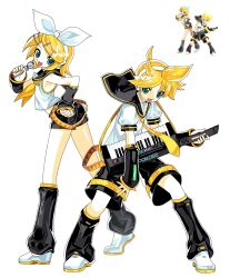 1boy 1girl aqua_eyes black_sailor_collar black_shorts black_sleeves black_socks blonde_hair breasts computer_keyboard detached_sleeves full_body hair_ornament hair_ribbon hairband hairclip hand_on_own_hip headset highres holding holding_computer_keyboard holding_microphone instrument kagamine_len kagamine_rin keytar loose_socks microphone midriff myakmyac open_mouth ponytail puffy_short_sleeves puffy_sleeves reference_inset ribbon sailor_collar shirt shoes short_ponytail short_shorts short_sleeves shorts sleeveless sleeveless_shirt small_breasts smile socks swept_bangs vocaloid white_hairband white_ribbon white_shirt white_shoes yellow_trim