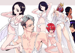 1boy 6+girls amate_yuzuriha bikini black_hair bob_cut breasts challia_bull comoli_harcourt dark-skinned_female dark_skin gundam gundam_gquuuuuux highres kycilia_zabi lalah_sune multiple_girls nobita_(makoto7060355) nyaan_(gundam_gquuuuuux) orange_hair pointing purple_hair red_hair shiiko_sugai swimsuit white_bikini yellow_eyes