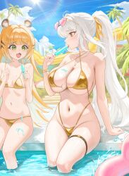 Rule 34 | 2girls, absurdres, ahoge, animal ear fluff, animal ears, arm support, bare shoulders, bikini, blue sky, breasts, cleavage, colored inner hair, commentary, fang, food, gold bikini, green eyes, gundam, gundam build fighters, heart, heart-shaped eyewear, heine (haloo1101), highleg, highleg bikini, highres, holding, holding food, holding popsicle, jewelry, ju fufu, large breasts, licking, long hair, looking at another, melting popsicle, micro bikini, mole, mole on breast, mole on chest, multicolored fur, multicolored hair, multiple girls, navel, necklace, o-ring, o-ring bikini, open mouth, outdoors, palm tree, pink innertube, ponytail, pool, popsicle, sitting, sky, small breasts, splashing, striped fur, striped hair, swimsuit, symbol-only commentary, tiger ears, tiger girl, tongue, tongue out, tree, underboob, wading, water, white hair, yellow eyes, yin yang pin, yixuan (zenless zone zero), zenless zone zero