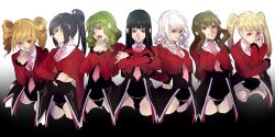 07th_expansion 6+girls :q asmodeus_(umineko) beelzebub_(umineko) belphegor_(umineko) black_hair blonde_hair brown_hair crossed_arms drill_hair gradient_background green_hair hand_on_own_hip leotard leviathan_(umineko) lucifer_(umineko) mammon_(umineko) multiple_girls necktie open_mouth ponytail red_eyes satan_(umineko) smile sofy stakes_of_purgatory tongue tongue_out twin_drills twintails umineko_no_naku_koro_ni white_hair
