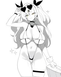 Rule 34 | 1girl, :3, absurdres, bikini, black ribbon, breasts, choker, collarbone, cowboy shot, earrings, gluteal fold, hair ornament, hair ribbon, hairclip, heart, heart-shaped eyewear, heart earrings, heart necklace, highleg, highleg bikini, highres, hip dips, holding, holding suitcase, jewelry, large breasts, long hair, looking at viewer, mole, mole on breast, mole on thigh, monochrome, navel, necklace, nicole demara, parted bangs, ribbon, sidelocks, skindentation, smile, solo, standing, star (symbol), suitcase, swimsuit, thigh gap, thigh strap, thong bikini, toma (toma50), two side up, wristband, zenless zone zero