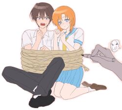 Rule 34 | 1boy, 1girl, 1other, artist self-insert, black pants, blue eyes, blue sailor collar, blue skirt, blush, bound together, brown hair, clenched hands, closed mouth, collared shirt, commentary request, embarrassed, full body, hair between eyes, hands up, hetero, highres, higurashi no naku koro ni, holding, holding pen, kneeling, korean commentary, looking at viewer, maebara keiichi, medium hair, miniskirt, neckerchief, open mouth, orange hair, pants, pen, pleated skirt, pov, pov hands, purple eyes, rope, ryuuguu rena, saang2cm, sailor collar, shirt, short hair, short sleeves, simple background, sitting, skirt, surprised, sweatdrop, teeth, v-shaped eyebrows, white background, white shirt, wide-eyed, yellow neckerchief
