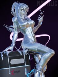 1girl 3d absurdres artist_name blonde_hair blue_bodysuit blue_eyes bodysuit breasts high_heels highres impossible_bodysuit impossible_clothes long_hair looking_at_viewer metal_hair metroid monsterification nautilic nintendo outdoors ponytail reflective_clothes samus_aran shiny_clothes sidelocks silver_lips skin_tight slime_(creature) slime_(substance) slimification transformation zero_suit