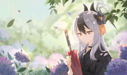 1girl black_choker black_flower black_hair black_horns black_kimono blue_archive choker closed_umbrella commentary_request demon_horns flower hair_between_eyes hair_flower hair_ornament halo highres holding holding_umbrella horns hydrangea japanese_clothes kayoko_(blue_archive) kayoko_(new_year)_(blue_archive) kimono long_hair looking_at_viewer multicolored_hair official_alternate_costume official_alternate_hairstyle outdoors purple_flower red_eyes red_umbrella shadow117 solo streaked_hair umbrella