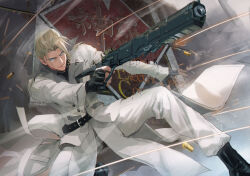 1boy aiming artist_name belt black_belt blonde_hair blue_eyes commentary final_fantasy final_fantasy_vii final_fantasy_vii_remake fingerless_gloves gloves gun hair_slicked_back highres holding holding_gun holding_weapon jacket pants rufus_shinra shell_casing solo spykeee suit_jacket weapon white_jacket white_pants