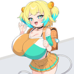 Rule 34 | 1girl, aqua eyes, aqua hair, aqua nails, aqua shirt, backpack, bag, black choker, blonde hair, blush, bombergirl, breasts, choker, cleavage, collarbone, fellatio gesture, hair ornament, highres, huge breasts, looking at viewer, medium hair, mesugaki, multicolored shirt, open mouth, oppai loli, orange bag, orange shirt, orange skirt, pine (bombergirl), pleated skirt, randoseru, shirogane hakuba, shirt, skirt, solo, symbol-shaped pupils, tongue, tongue out, white shirt