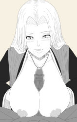 1boy 1girl bleach blush breasts breasts_out chain chain_necklace hetero jewelry large_breasts long_hair matsumoto_rangiku necklace paizuri penis pink_shawl shawl shihakusho simple_background suzuki_shun