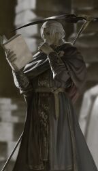 Rule 34 | 1boy, absurdres, beard, black capelet, black robe, blurry, blurry background, book, capelet, commentary, elden ring, elden ring: shadow of the erdtree, english commentary, facial hair, grey hair, highres, holding, holding book, long hair, long sleeves, looking at object, male focus, old, old man, ponytail, reading, robe, scythe, sir ansbach, solo, variant set, weapon, weapon on back, wrinkled skin, x37tc