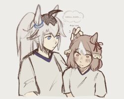 Rule 34 | 2girls, :&lt;, animal ears, belno light (umamusume), black hair, blue eyes, blush, bow, brown eyes, brown hair, closed mouth, commentary, ear ornament, ear ribbon, english commentary, english text, grey background, grey hair, gym shirt, hair ornament, hand on another&#039;s ear, height difference, highres, horse ears, horse girl, letter hair ornament, long hair, looking at another, multicolored hair, multiple girls, oguri cap (umamusume), ponytail, shirt, short hair, short sleeves, simple background, sonyr4in, speech bubble, t-shirt, thought bubble, two-tone hair, umamusume, umamusume: cinderella gray, upper body, white shirt