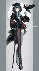 1girl animal arknights asymmetrical_footwear asymmetrical_gloves bird black_dress black_gloves black_hat black_shoes boots bow bowtie brown_dress brown_pantyhose clothed_animal commentary_request dress facial_mark full_body gloves grey_background grey_eyes grey_hair hat highres juliet_sleeves la_pluma_(arknights) lace-up_boots long_sleeves looking_at_viewer mismatched_gloves pantyhose parted_lips puffy_sleeves rau_ma_(the_rauma001) red_bow red_bowtie shoes single_leg_pantyhose single_thigh_boot skindentation sleeves_past_wrists solo standing thigh_boots thigh_strap top_hat white_boots white_gloves wide_sleeves