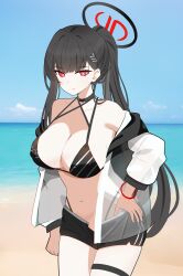 1girl absurdres beach bikini bikini_under_clothes black_bikini black_hair black_halo black_shorts blue_archive blue_sky breasts bright_pupils cloud dada0082 day hair_ornament hairclip hairpin halo hand_on_own_hip highleg highleg_bikini highres horizon large_breasts long_hair looking_at_viewer multicolored_halo navel ocean outdoors ponytail red_eyes ringed_eyes rio_(blue_archive) sand shore shorts sky solo stomach string_bikini swimsuit thigh_strap two-tone_halo water white_pupils