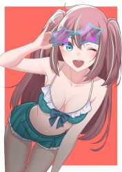 Rule 34 | 1girl, absurdres, akoya matama, aqua eyes, arm up, bare shoulders, bikini, blush, border, breasts, cleavage, collarbone, commentary, cowboy shot, english commentary, frilled bikini, frills, highres, leaning forward, loco musica, long hair, mahou shoujo ni akogarete, medium breasts, multicolored hair, navel, one eye closed, open mouth, red background, solo, streaked hair, swimsuit, teeth, upper body, upper teeth only, white border, xueli shimazaki