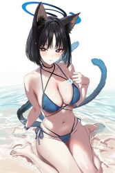 1girl absurdres animal_ears bare_arms bare_shoulders barefoot bikini black_eyes black_hair blue_archive blue_bikini blue_halo blush breasts cleavage halo hidis0086 highres kikyou_(blue_archive) kikyou_(swimsuit)_(blue_archive) large_breasts looking_at_viewer multiple_tails navel official_alternate_costume outdoors parted_lips short_hair side-tie_bikini_bottom sitting solo stomach swimsuit tail thighs wariza water wet