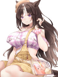 1girl alternate_costume alternate_hairstyle bag black_hair blush commentary_request hair_ornament hat highres hokko_tarumae_(umamusume) horse_girl jewelry looking_at_viewer necklace official_alternate_costume purple_hair red_hayao seiza simple_background sitting smile solo swimsuit thighs umamusume white_background