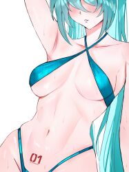 1girl absurdres alternate_costume aqua_hair arm_up armpits bikini blue_bikini blush breasts collarbone commentary_request criss-cross_halter hair_between_eyes hair_over_eyes halterneck hatsune_miku highleg highleg_bikini highres long_hair medium_breasts navel number_tattoo parted_lips pubic_tattoo rokosannn simple_background skindentation solo stomach swimsuit tattoo toned toned_female twintails very_long_hair vocaloid white_background