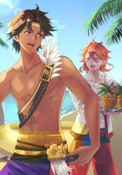 2boys abs beach dark-skinned_male dark_skin fire_emblem fire_emblem_engage fire_emblem_heroes fogado_(fire_emblem) fogado_(summer)_(fire_emblem) food fruit highres holding holding_swim_ring innertube male_focus male_swimwear multiple_boys nintendo official_alternate_costume orange_hair pandreo_(fire_emblem) pineapple purple_swim_trunks riou_(pooh920) star-shaped_pupils star_(symbol) swim_ring swim_trunks symbol-shaped_pupils yellow_eyes