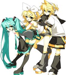 Rule 34 | 1boy, 2girls, absurdres, aqua hair, bare shoulders, black boots, black sailor collar, black shorts, black skirt, blonde hair, boots, bow, brother and sister, detached sleeves, grey shirt, hair bow, hair ornament, hairclip, hands on own knees, hatsune miku, headset, highres, hynn0x x, kagamine len, kagamine rin, knee boots, leaning on person, long hair, multiple girls, number tattoo, pleated skirt, sailor collar, shirt, short hair, shorts, shoulder tattoo, siblings, simple background, skirt, tattoo, twintails, vocaloid, white background, white bow, white shirt
