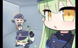 Rule 34 | 3girls, aoba (blue archive), armband, black boots, black hat, black jacket, black shorts, blue archive, blue armband, boots, commentary, demon tail, full body, gloves, green hair, green halo, grey hair, grey skirt, halo, hat, highres, hikari (blue archive), jacket, korean commentary, long hair, long sleeves, looking at viewer, lying, multiple girls, newsboy cap, nozomi (blue archive), on floor, on stomach, open mouth, orange halo, peaked cap, pleated skirt, pointy ears, red eyes, shorts, skirt, standing, tagyeokgam, tail, white gloves, yellow eyes