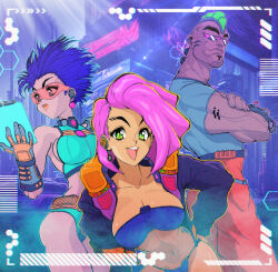 1990s_(style) 1boy 2girls absurdres breasts commentary crossed_arms cyberpunk ear_piercing earrings english_commentary green_eyes highres jewelry mohawk multiple_girls muscular muscular_male open_mouth original piercing retro_artstyle system_st91