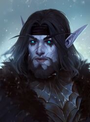 Rule 34 | 1boy, beard, black hair, black headband, black sclera, blue eyes, colored sclera, colored skin, elf, facial hair, grey skin, headband, highres, kueshka, looking at viewer, male focus, original, pointy ears, portrait, scar, scar on face, signature, snow, solo