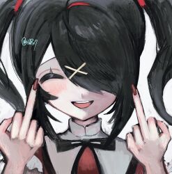 1girl ame-chan_(needy_girl_overdose) blush closed_eyes double_middle_finger grin hair_ornament hair_over_one_eye head_tilt highres looking_at_viewer middle_finger naishukketsukata neck_ribbon needy_girl_overdose red_nails ribbon short_twintails sidelocks smile teeth twintails upper_body upper_teeth_only x_hair_ornament