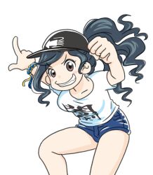 1girl asymmetrical_sidelocks black_shorts bracelet breasts brown_eyes buruma casual fang green_hair grin hat japanon jewelry kraken_(japanon) long_hair medium_breasts non-web_source original peaked_cap pointing ribbon shirt shorts smile solo squid_print ukraine ukrainian_flag v-shaped_eyebrows white_shirt
