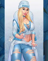Rule 34 | 1girl, artist collaboration, artist name, beanie, blonde hair, blue choker, blue coat, blue eyes, blue hat, blue pants, breasts, choker, cleavage, coat, denim, hat, highres, jeans, large breasts, long hair, looking at viewer, marissa pope, midriff, navel, open clothes, open coat, original, pants, solo, tarella pablo, torn clothes, torn jeans, torn pants