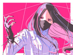 1boy a_meyujki13 as_nodt black_gloves black_hair bleach border bracelet fingerless_gloves gloves high_collar highres jewelry long_hair long_sleeves looking_to_the_side male_focus mask mouth_mask pink_background purple_eyes quincy_(bleach) simple_background sketch solo spiked_bracelet spiked_mask spikes sternritter white_border