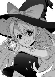 1girl bow braid commentary_request grin hair_bow hat hat_bow highres kirisame_marisa long_hair looking_at_viewer mini-hakkero nodoguro_(phi-tan) side_braid single_braid smile solo touhou very_long_hair vest witch_hat yin_yang