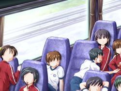 Rule 34 | 4boys, 4girls, black hair, brown hair, bus, bus interior, game cg, mame, motor vehicle, multiple boys, multiple girls, no eyes, short hair, vehicle, window, yagai gakushuu