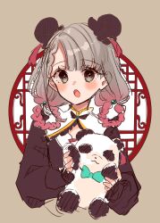 1girl black_dress blue_bow blue_bowtie blush bow bowtie braid brown_background brown_eyes bun_cover china_dress chinese_clothes commentary_request cropped_torso double_bun dress gradient_hair grey_hair hair_bun hair_rings highres hisakawa_nagi holding holding_stuffed_toy idolmaster idolmaster_cinderella_girls idolmaster_cinderella_girls_starlight_stage long_sleeves looking_at_viewer multicolored_hair open_mouth pink_hair puffy_long_sleeves puffy_sleeves rino_cnc round_window sketch solo stuffed_animal stuffed_panda stuffed_toy twin_braids upper_body window