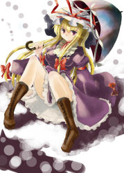 Rule 34 | 1girl, bad id, bad pixiv id, blonde hair, boots, female focus, highres, hokamichi, parasol, sitting, solo, taji, taji (crowview), touhou, umbrella, yakumo yukari
