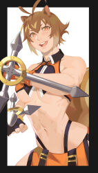 Rule 34 | 1girl, animal ears, arc system works, blazblue, breasts, brown eyes, brown hair, crop top, fingerless gloves, gloves, highres, large breasts, makoto nanaya, microskirt, nidhoggn, short hair, skirt, squirrel ears, squirrel tail, tail, teeth, tonfa, underboob, upper teeth only, weapon
