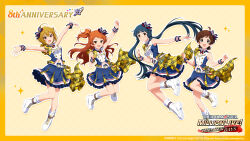 4girls anniversary bandai_namco belt blue_hair blue_skirt boots bow brown_hair bug butterfly buttons copyright_name copyright_notice english_text floating frilled_skirt frills green_eyes hair_bow highres ibuki_tsubasa idol_clothes idolmaster idolmaster_million_live! idolmaster_million_live!_theater_days insect kinoshita_hinata kitakami_reika low_twintails multiple_girls official_art ogami_tamaki open_mouth orange_eyes orange_hair outstretched_arms pink_eyes plaid_clothes shoe_soles side_ponytail skirt star_(symbol) twintails wrist_cuffs yellow_background yellow_eyes