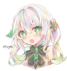 1girl :o bare_shoulders blush commentary_request cropped_torso gem genshin_impact gold_trim gradient_hair green_eyes green_gemstone green_hair hair_between_eyes hair_ornament leaf_hair_ornament long_hair looking_at_viewer multicolored_hair nahida_(genshin_impact) open_mouth pointy_ears simple_background sleeveless solo symbol-shaped_pupils touka_(pixiv71609120) twitter_username white_background white_hair