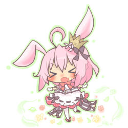 &gt;_&lt; ahoge animal_ears apron black_ribbon chibi crown dress emil_chronicle_online gloves homurabi minnie_doe_alma open_mouth pink_dress pink_hair rabbit_ears rabbit_girl red_ribbon ribbon standing standing_on_one_leg white_gloves