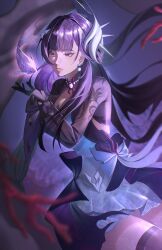 1girl artist_name black_gloves black_thighhighs blue_dress commentary coral dress earrings fish gloves hair_ornament highres honkai:_star_rail honkai_(series) hysilens_(honkai:_star_rail) jewelry long_hair necklace oisofi_shy pearl_necklace purple_eyes solo thighhighs thighs underwater