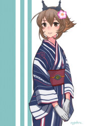 1girl blush brown_eyes brown_hair flower gloves hair_flower hair_ornament headgear japanese_clothes kantai_collection kimono long_sleeves mogamiya_honu mutsu_(kancolle) mutsu_(yukata)_(kancolle) own_hands_together parted_lips pink_flower sash short_hair signature simple_background solo white_gloves wide_sleeves yukata