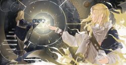 1boy 6_(reverse:1999) absurdres ancient_greek_clothes blonde_hair blue_eyes chacha_(chachachaqqq) circlet dark_background facing_away floating_stairs from_behind from_side full_body geometry glowing greco-roman_clothes hand_up hexagon highres himation holding holding_scroll long_hair long_sleeves male_focus math multiple_views profile reverse:1999 scroll standing upper_body yellow_fire