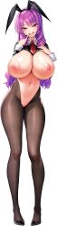 1girl absurdres animal_ear_hairband animal_ears black_hairband black_shrug breasts cleavage collared_shrug crotchless crotchless_pantyhose derauea drooling fake_animal_ears finger_to_mouth frontless_outfit game_cg hairband hand_on_own_chest highres huge_breasts latex latex_shrug light_blush long_hair looking_at_viewer meme_attire motto!_haramase!_honoo_no_oppai_isekai_oppai_bunny_gakuen! navel necktie nipples non-web_source official_art open_mouth pantyhose pasties pinky_to_mouth purple_eyes purple_hair rabbit_ear_hairband rabbit_ears raphiel_grimlight red_necktie revealing_clothes reverse_bunnysuit reverse_outfit saliva shrug_(clothing) smile solo star_(symbol) star_in_eye symbol_in_eye tachi-e transparent_background wavy_hair wrist_cuffs