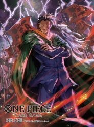 1boy beard_stubble black_hair black_suit cape closed_mouth commentary_request copyright_name cowboy_shot crossed_arms facial_hair facial_tattoo flag formal_clothes green_cape long_hair looking_to_the_side male_focus monkey_d._dragon moreshan official_art one_piece one_piece_card_game solo storm stubble suit tattoo wind