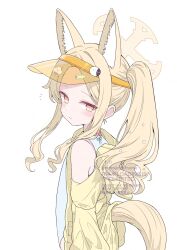 Rule 34 | 1girl, alternate costume, alternate hairstyle, animal ears, blonde hair, blue archive, blush, casual one-piece swimsuit, closed mouth, extra ears, fox ears, fox girl, fox tail, halo, highres, hood, hooded jacket, jacket, long hair, looking at viewer, momonexmomo, one-piece swimsuit, seia (blue archive), seia (swimsuit) (blue archive), simple background, solo, swimsuit, tail, visor cap, white background, white one-piece swimsuit, yellow eyes, yellow halo, yellow jacket