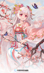 absurdres blue_butterfly blush branch breasts bud bug butterfly chinese_text chucolala cloud collarbone day dot_nose double_bun dress flower hagoromo hair_bun hair_flower hair_ornament hair_rings hair_stick hand_fan hand_up hanfu highres holding holding_fan insect jacket long_bangs long_hair looking_to_the_side mashiro_kanon open_clothes open_jacket open_mouth outdoors pink_eyes pink_flower pink_jacket pointy_ears qixiong_ruqun shawl sidelocks sitting sky sleeveless sleeveless_dress small_breasts virtual_youtuber white_dress white_hair ziyue