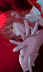 1girl absurdres black_necktie chainsaw_man collared_shirt goma_irasuto highres long_hair makima_(chainsaw_man) necktie own_hands_together red_background red_hair shirt sideways solo white_shirt yellow_eyes