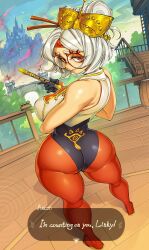 1girl ass bare_shoulders bridge castle english_text flute glasses gofa highres instrument looking_at_viewer nintendo purah red_eyes sky solo stairs the_legend_of_zelda the_legend_of_zelda:_tears_of_the_kingdom wood