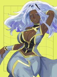 1girl animification arm_behind_head arm_up blue_eyes boots breasts cape cleavage contrapposto dark-skinned_female dark_skin earrings electricity highres jewelry large_breasts long_hair looking_at_viewer luci_omi_gusu marvel marvel_tokon:_fighting_souls solo storm_(x-men) superhero_costume thigh_boots very_dark_skin white_boots white_hair x-men