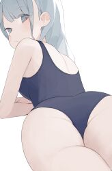1girl ass blue_one-piece_swimsuit blue_school_swimsuit blush from_behind grey_eyes grey_hair highres hiroki_(yyqw7151) looking_at_viewer looking_back lying medium_hair on_stomach one-piece_swimsuit original school_swimsuit simple_background solo swimsuit white_background